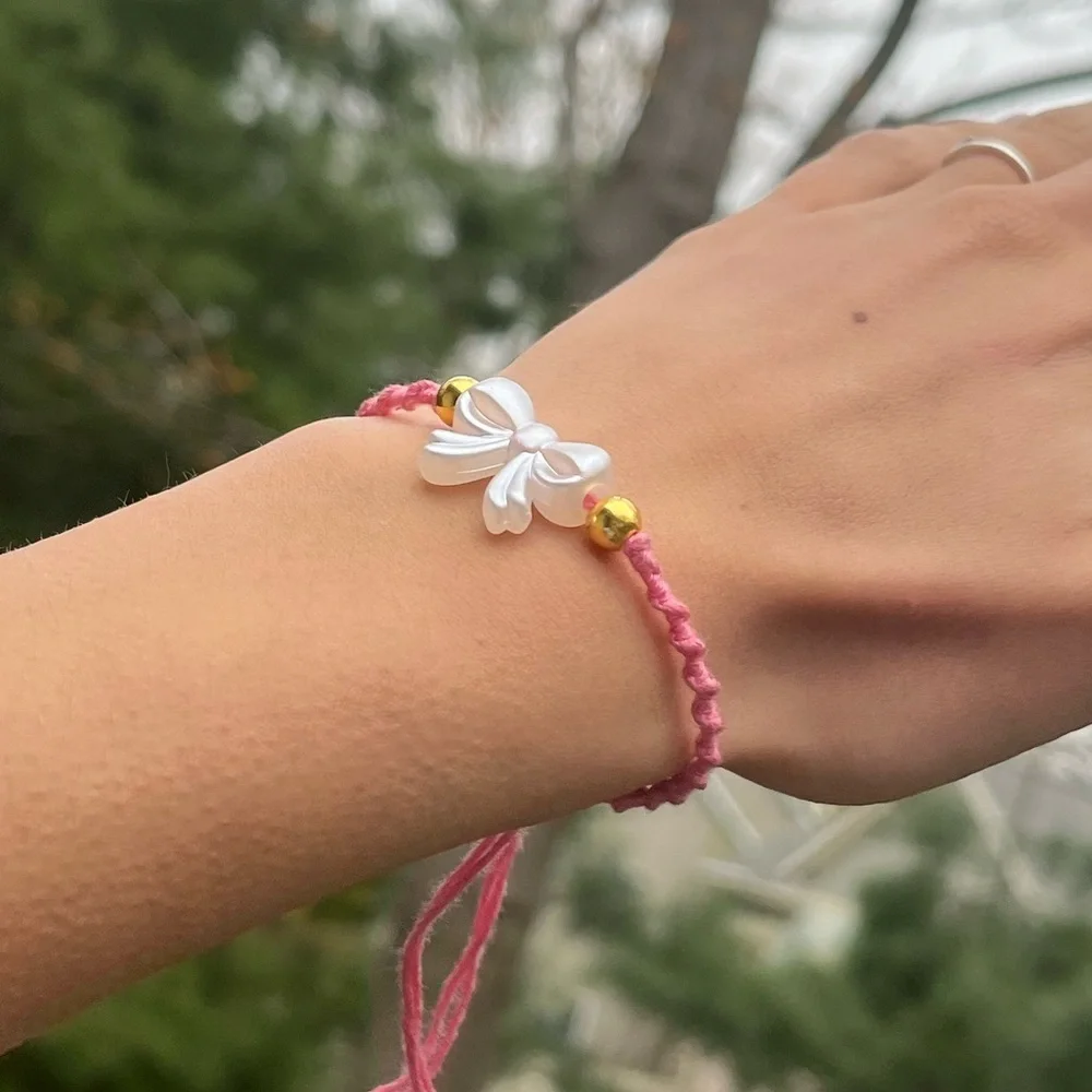 Handmade pink & Gold Bow Coquette inspired spiral dainty bracelet